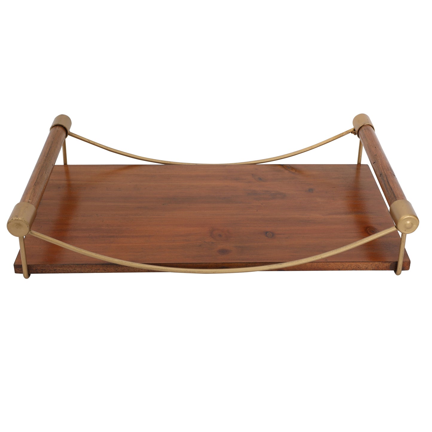 15 Inch Rectangular Wood Serving Tray with Matte Gold Trim, Brown